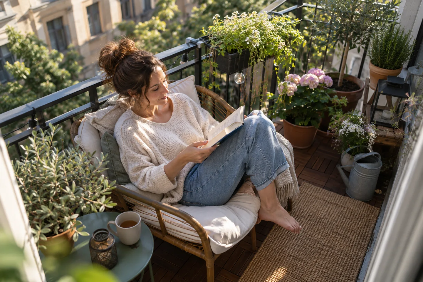 Woman reading a book on a balcony surrounded by plants