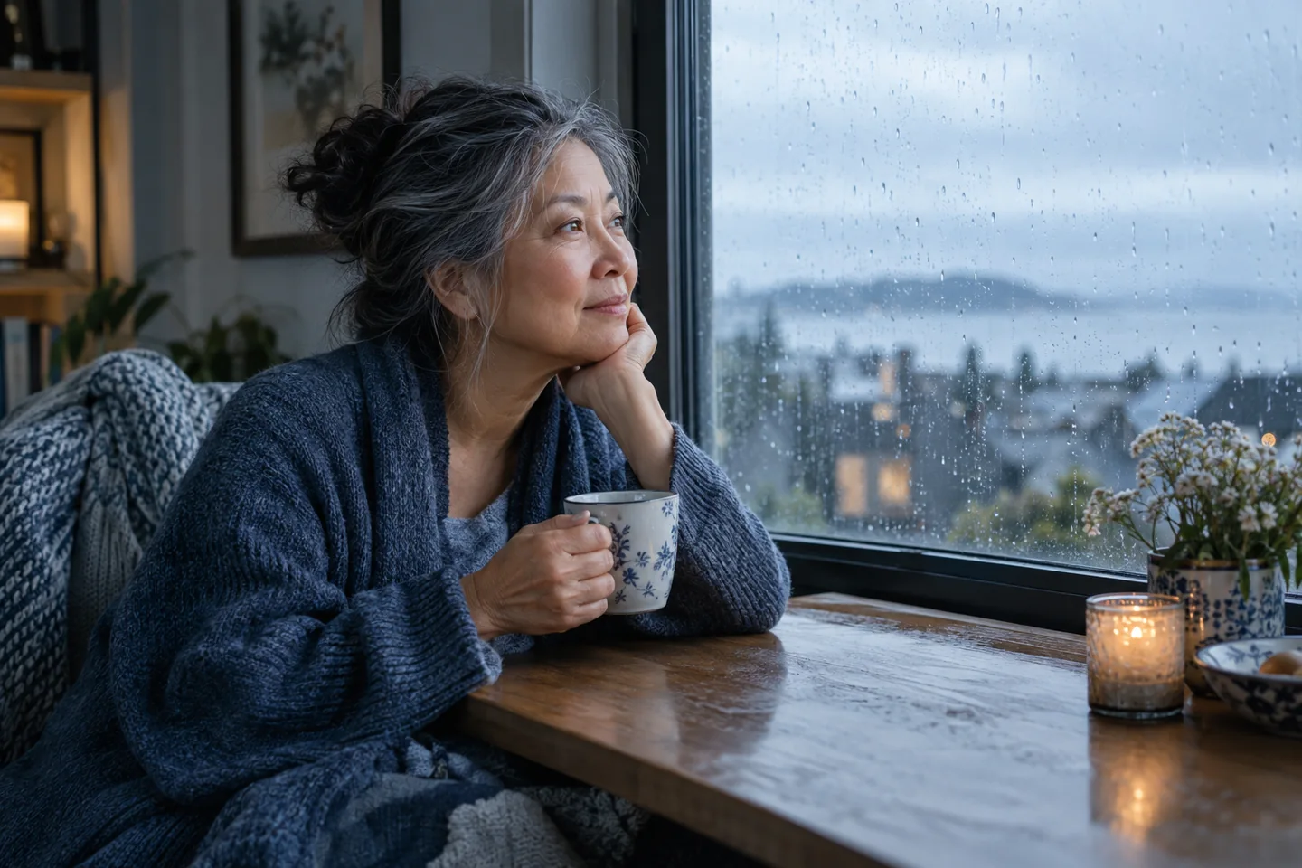 Woman holding a cup of tea beside a rain-covered window