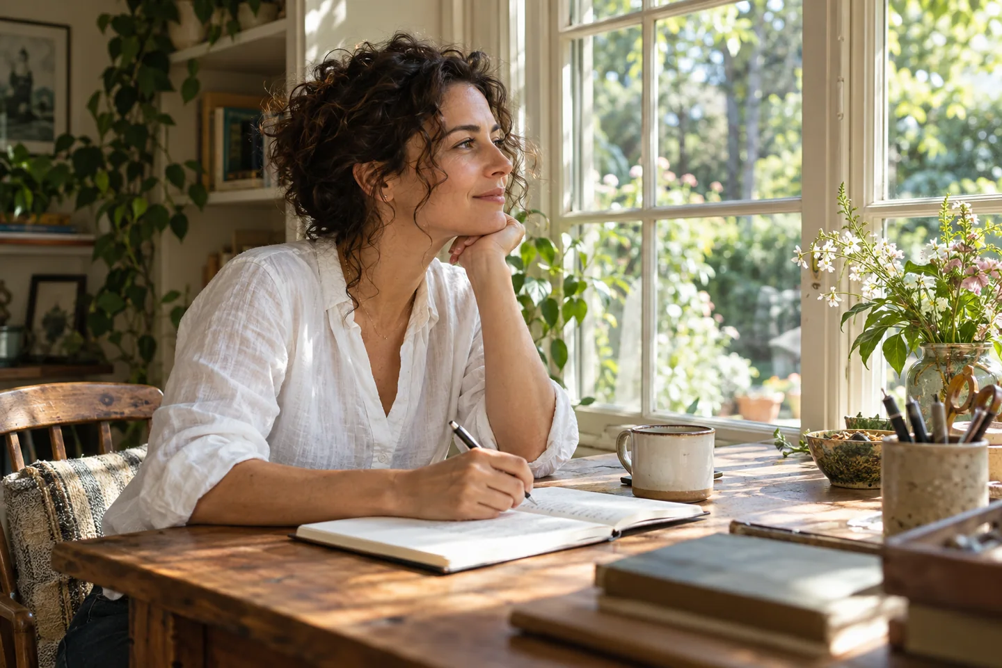 Woman with curly dark hair seated at a writing desk beside a garden-facing window