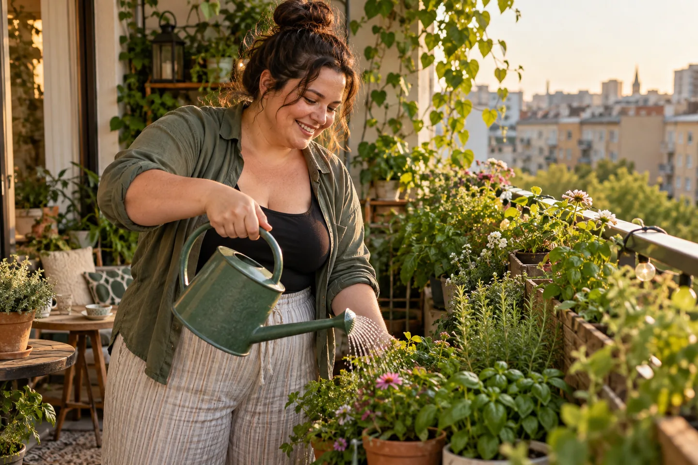 Woman watering plants on a sunlit balcony