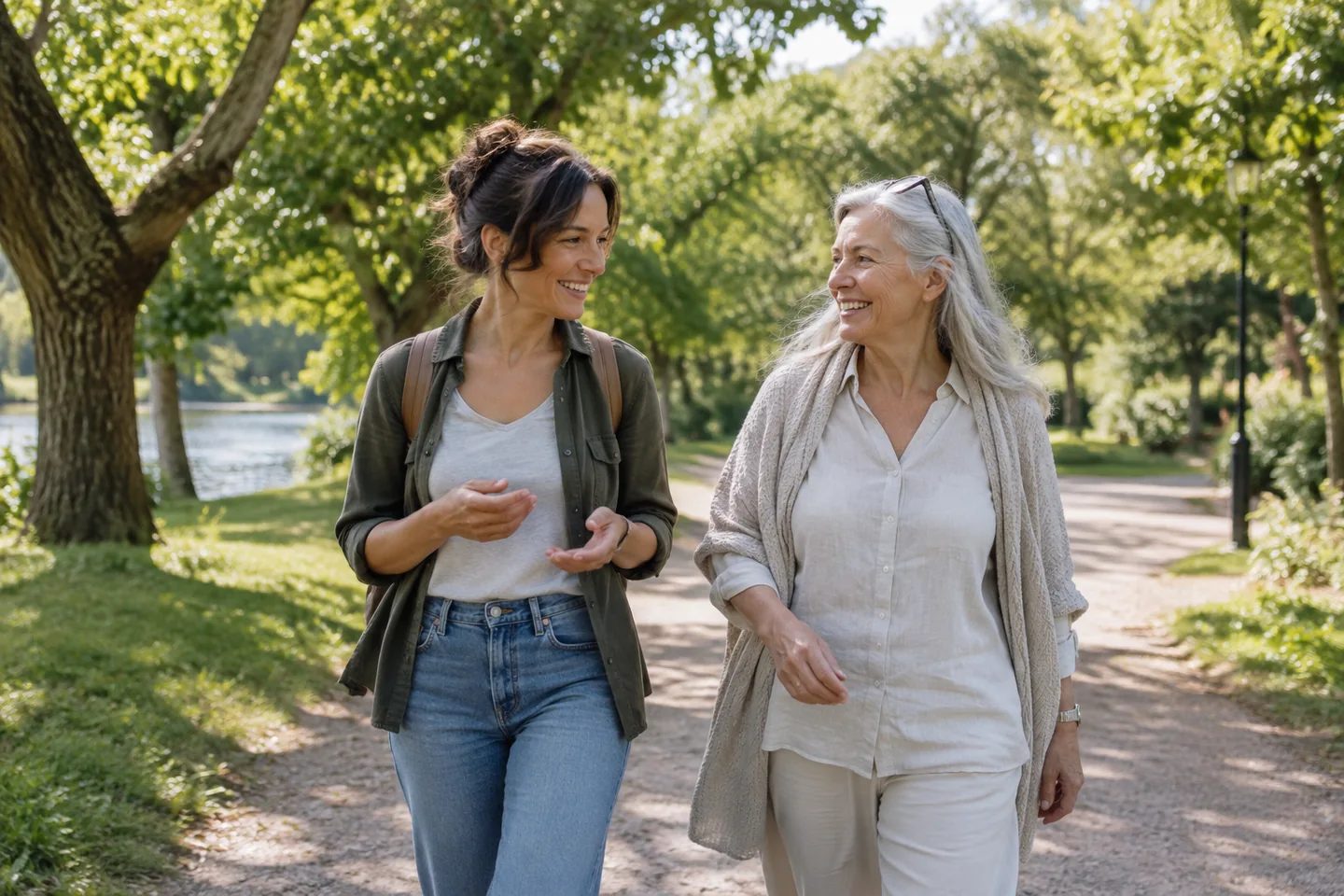 Two women of different ages walking and talking along a leafy park path